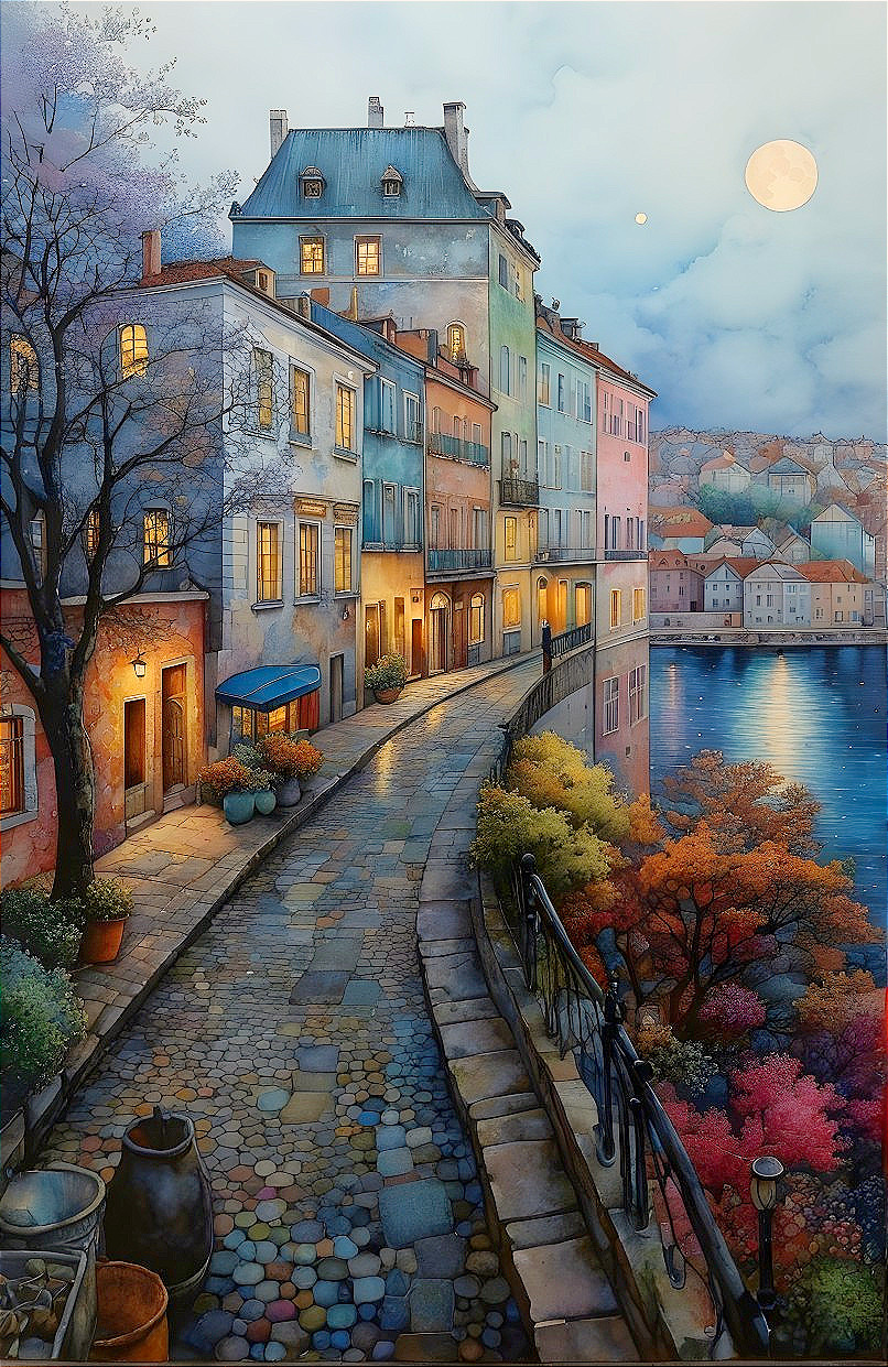 Serene Dusk Riverside Scene with Pastel Buildings