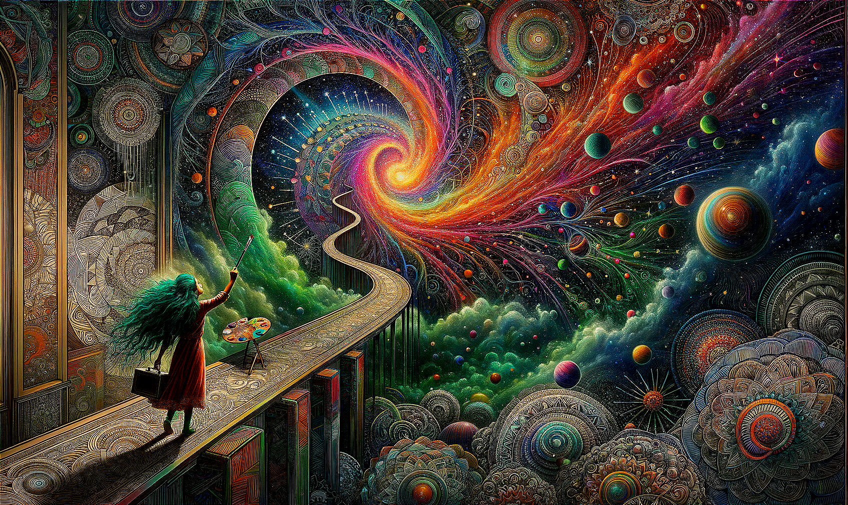 Vibrant surreal artwork: cloaked figure with palette on balcony admiring cosmic vortex