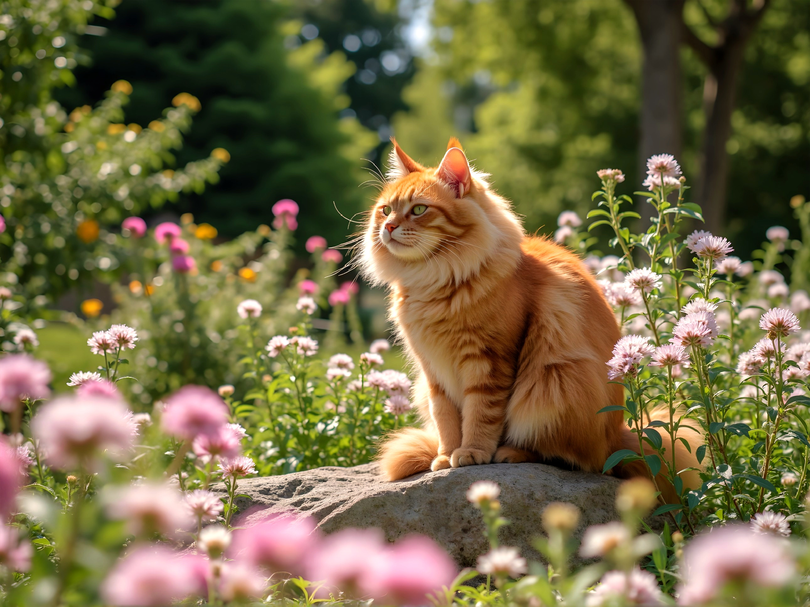 Fluffy Orange Cat in Vibrant Garden Setting