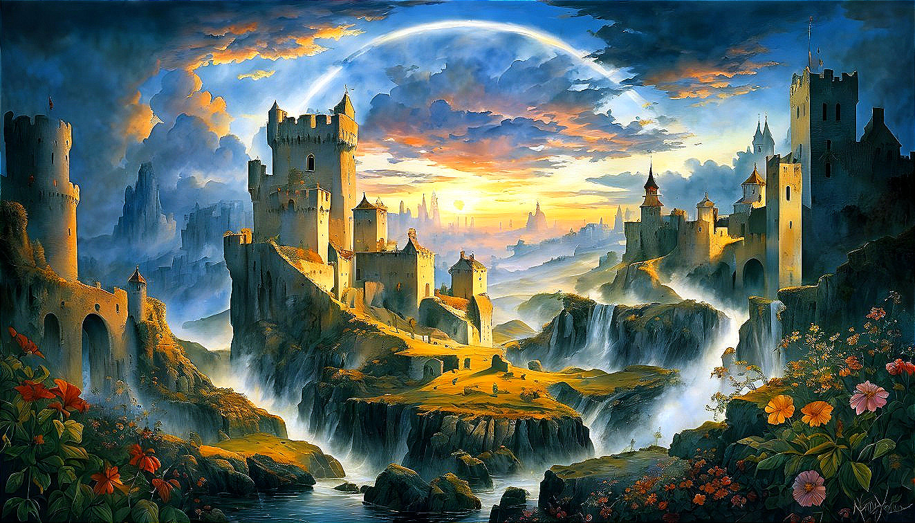 Fantasy Landscape with Castles and Waterfalls