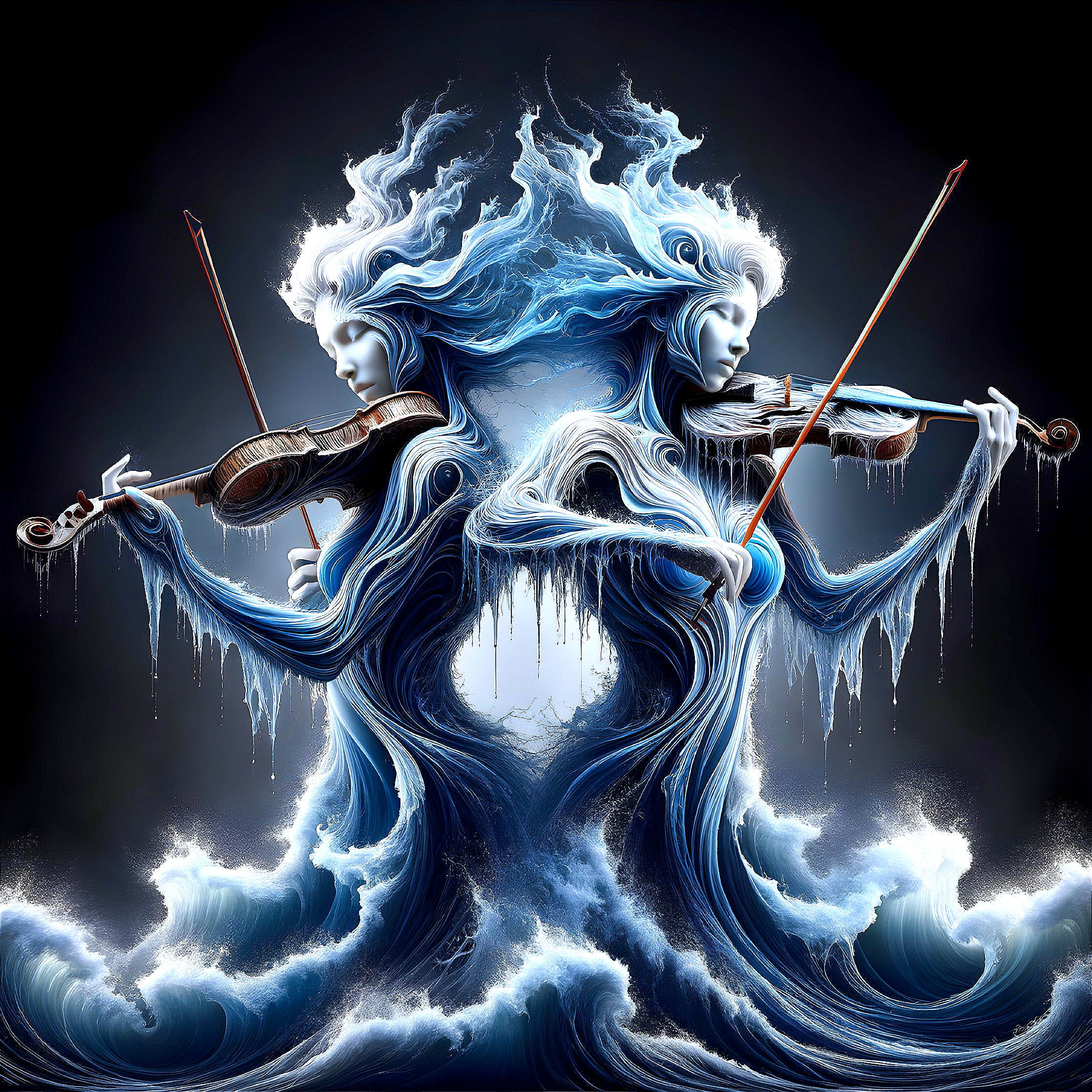 Ethereal Water and Light Figures Playing Violins