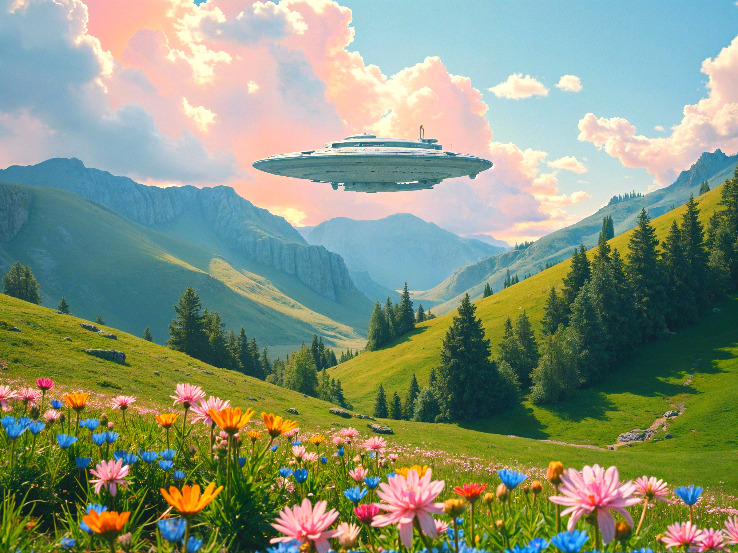 Futuristic spaceship over serene green hills landscape