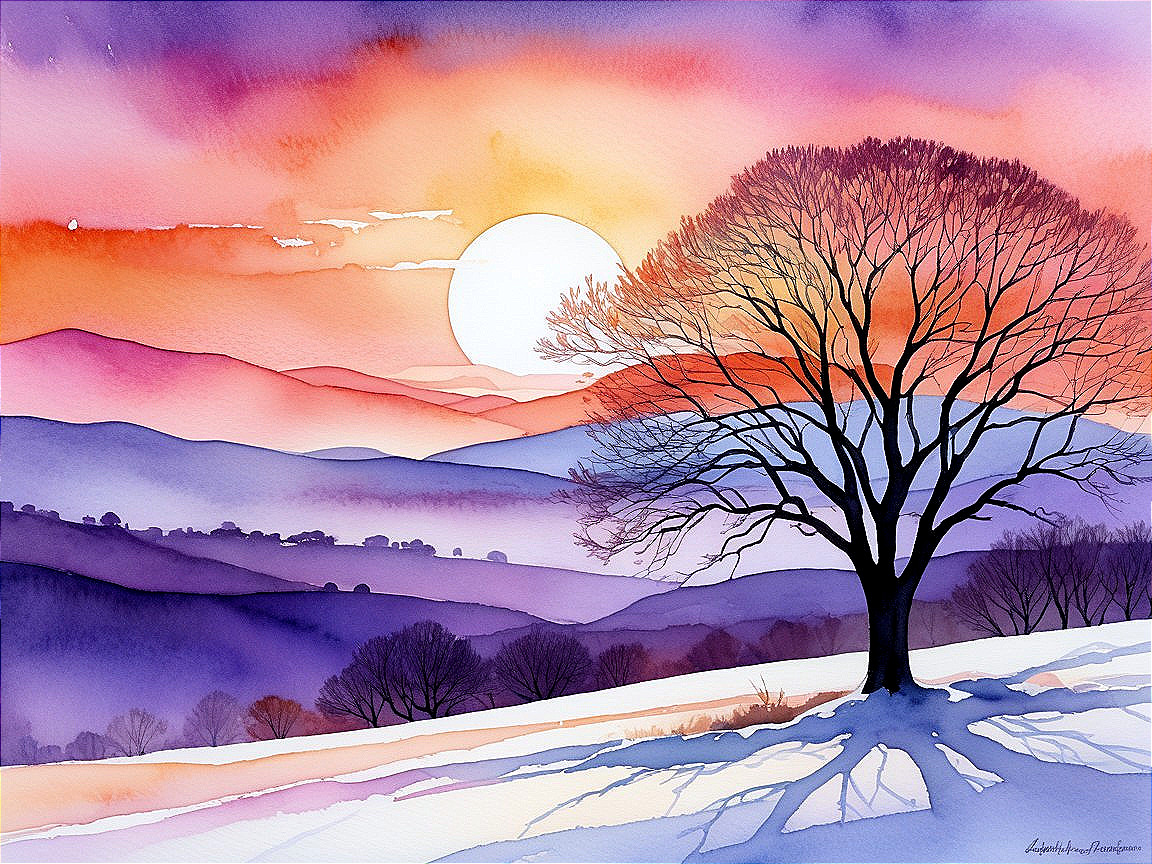 Serene Sunset Landscape with Silhouetted Tree and Snow