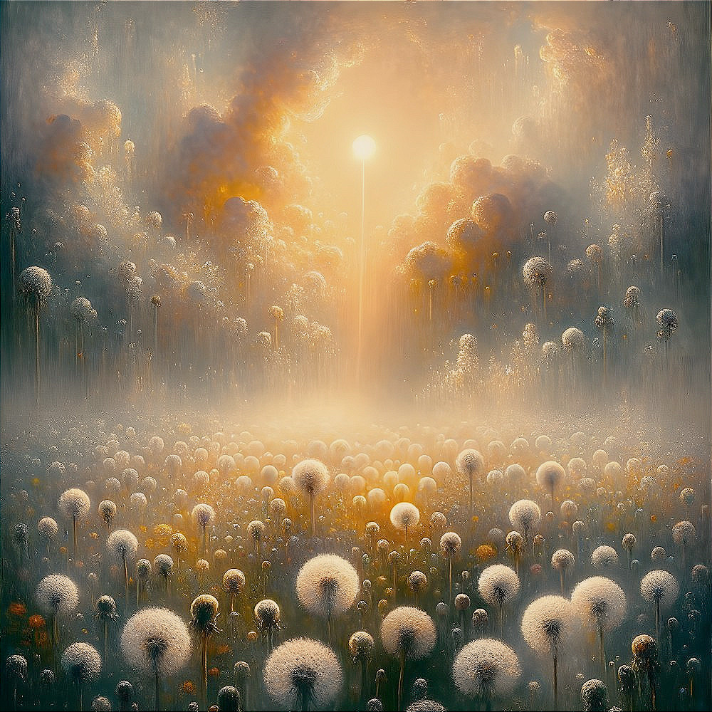 Surreal Landscape with Dandelion Seed Heads and Glow