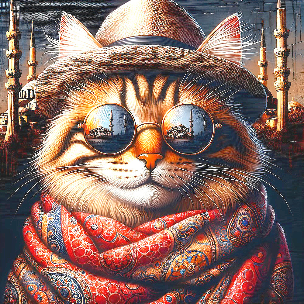 Whimsical Cat in Hat and Sunglasses Against Cityscape