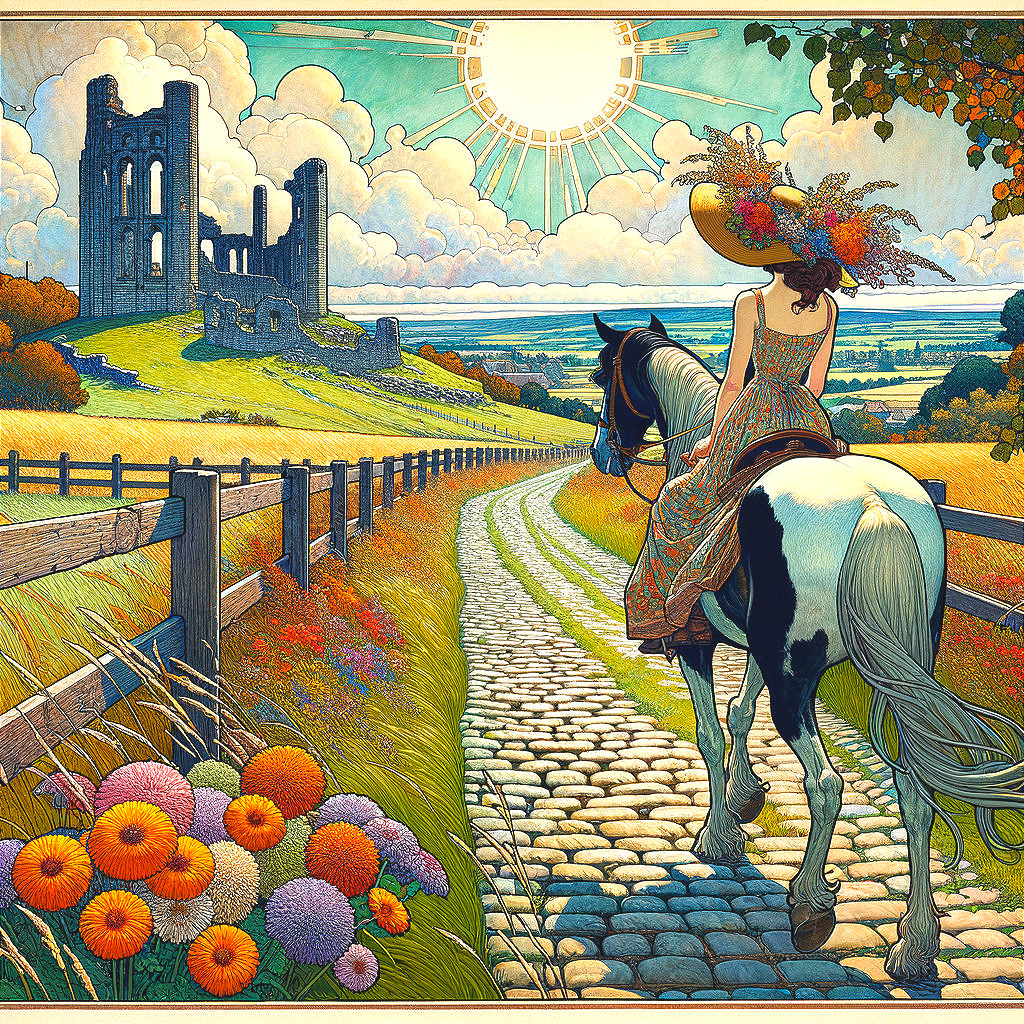 Woman on Horse Along Cobblestone Path with Castle Ruins
