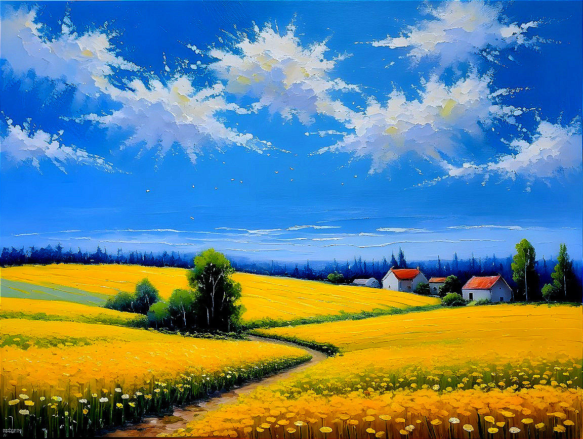 Vibrant Landscape with Golden Flowers and Blue Sky