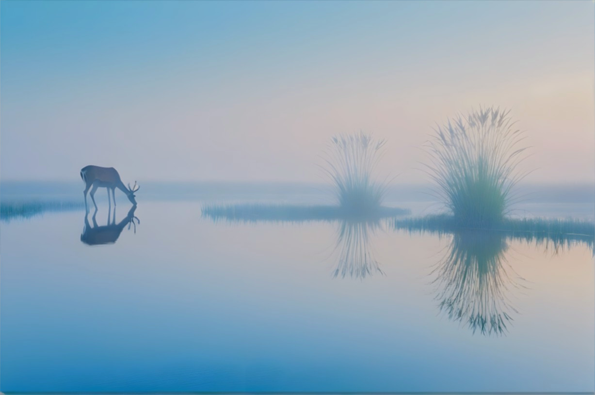 Dawn Landscape with Deer by Tranquil Lake