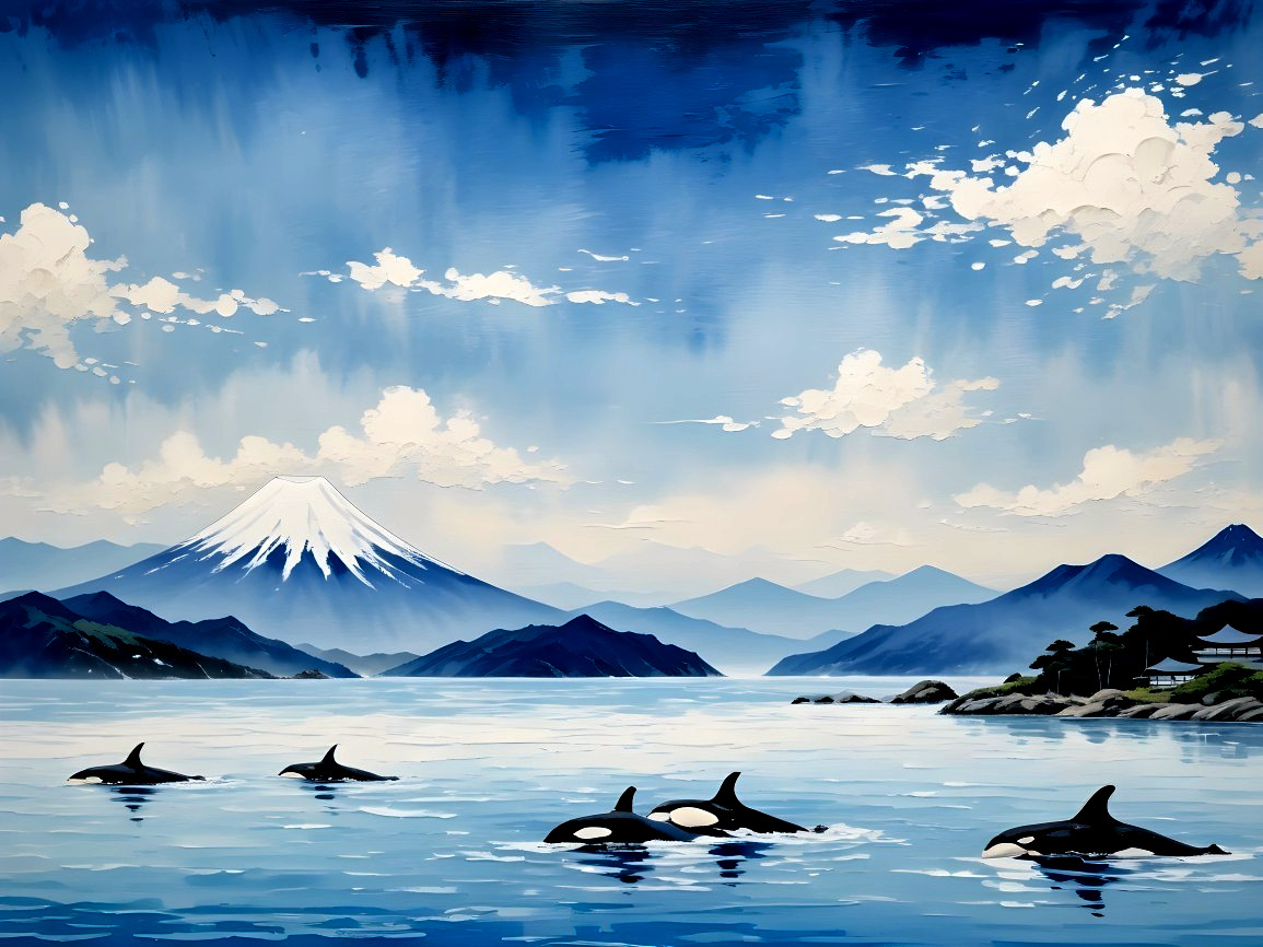 Tranquil Seascape with Orcas and Mount Fuji Background