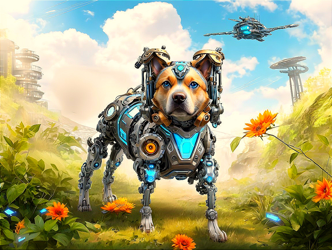 Futuristic Landscape with Robotic Dog and Spacecraft