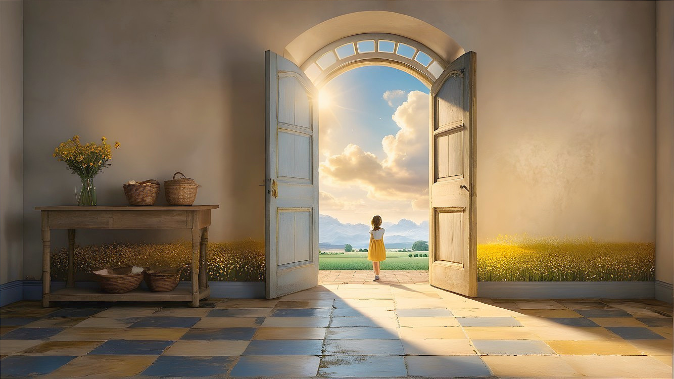 Young girl in yellow dress by open door to landscape