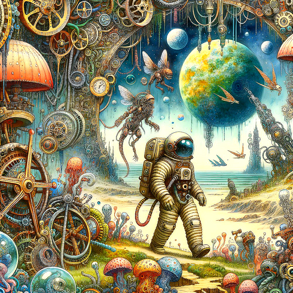 Astronaut in Surreal Landscape with Vibrant Mushrooms