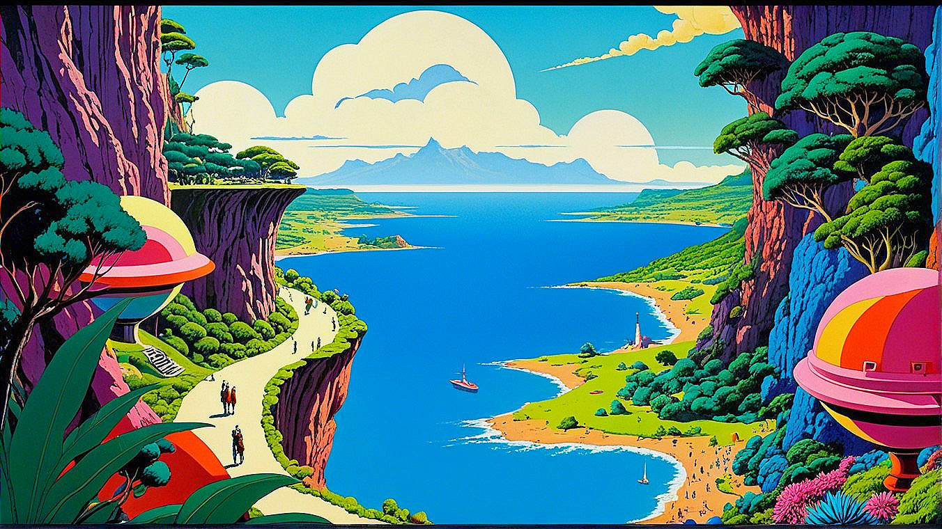 Vibrant Fantastical Landscape with Cliffs and Sea