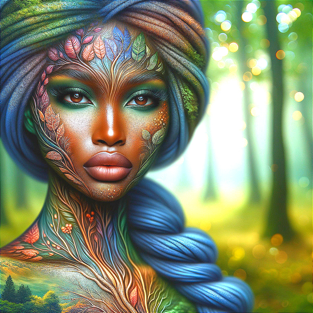 Woman with Floral Patterns in Serene Forest Setting