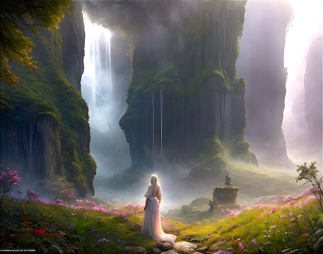 Woman in flowing dress in mystical forest clearing with waterfalls, ruins, and flowers