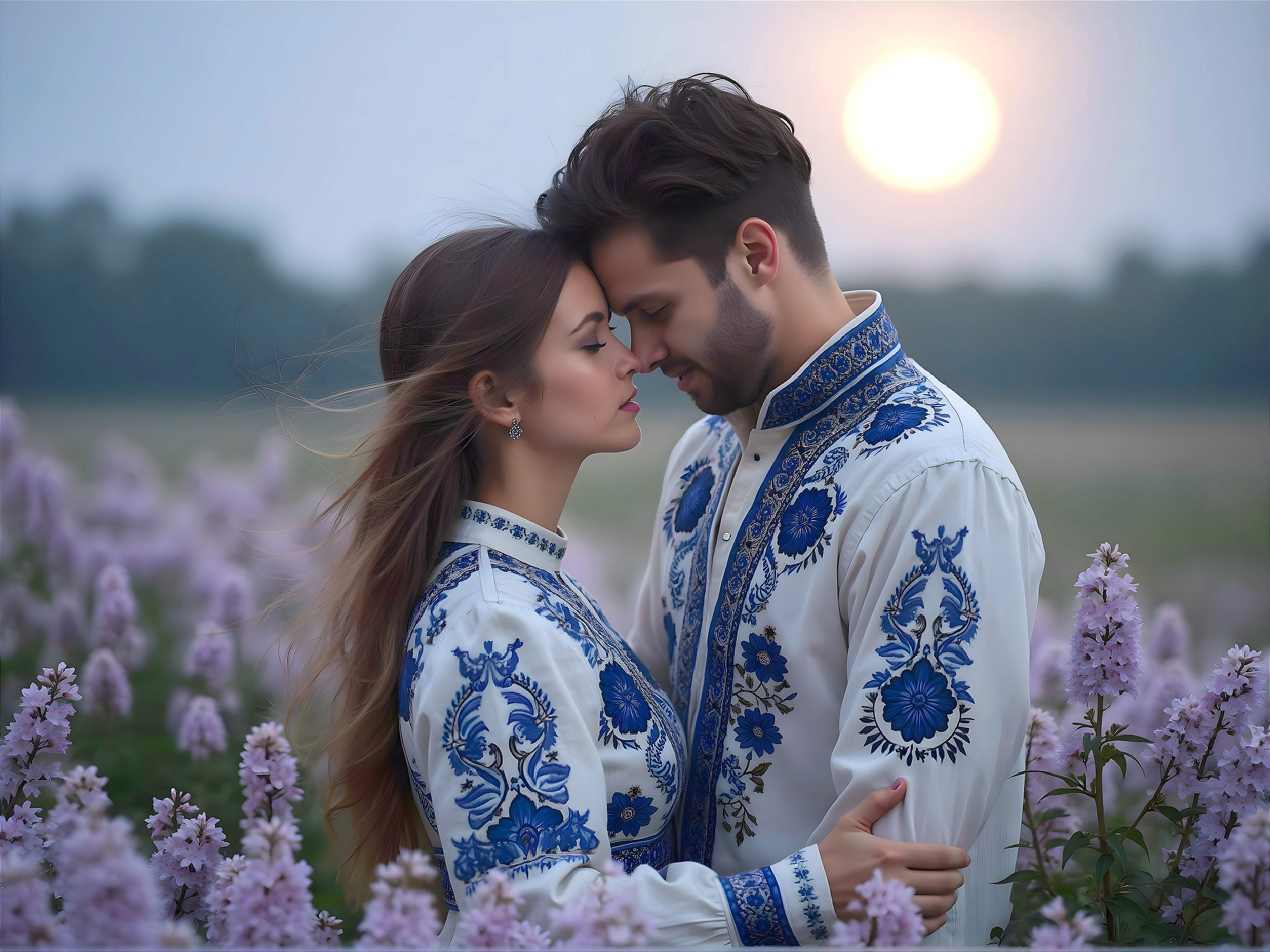Couple in Traditional Outfits Amidst Blooming Flowers