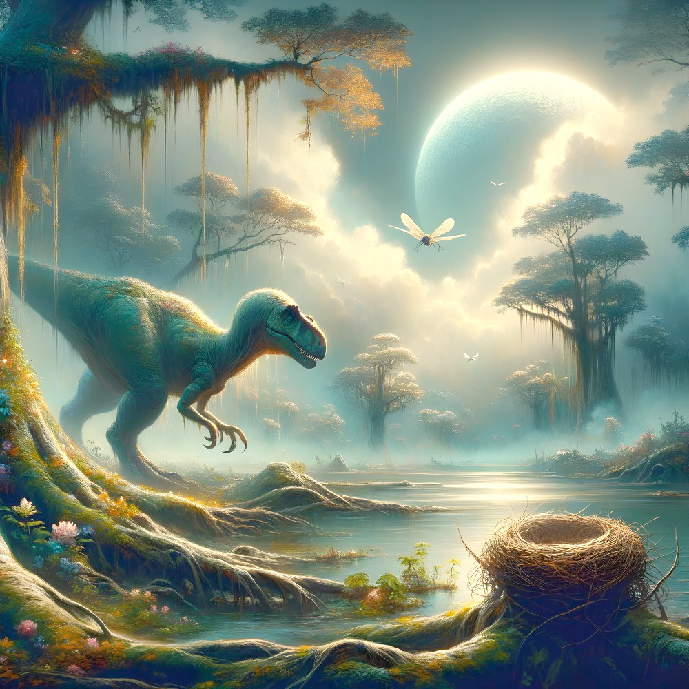 Prehistoric Dinosaur in a Serene Lakeside Landscape