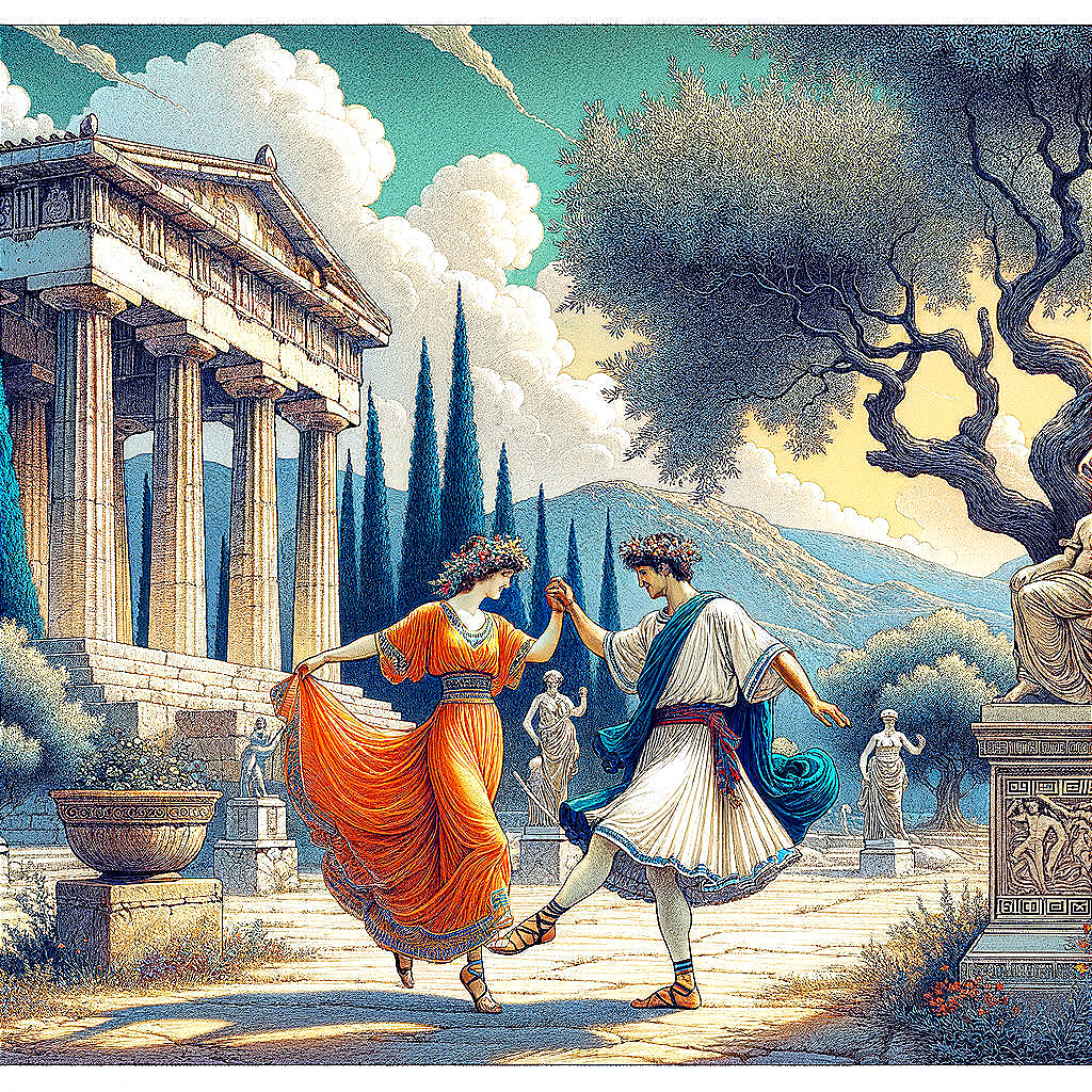 Ancient Greek Dance Amidst Classical Architecture