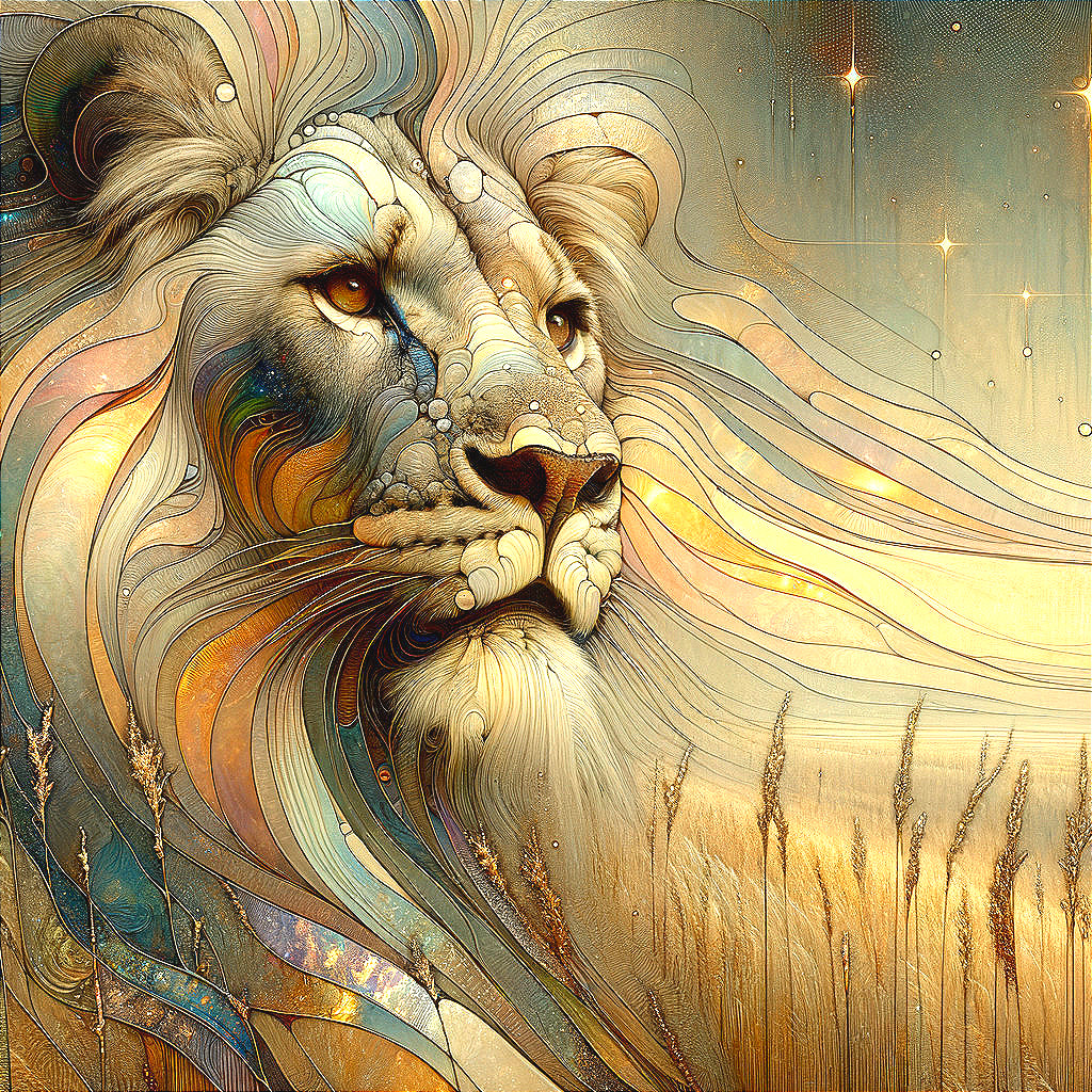 Majestic Lion's Head with Vibrant Colors and Wheat Landscape