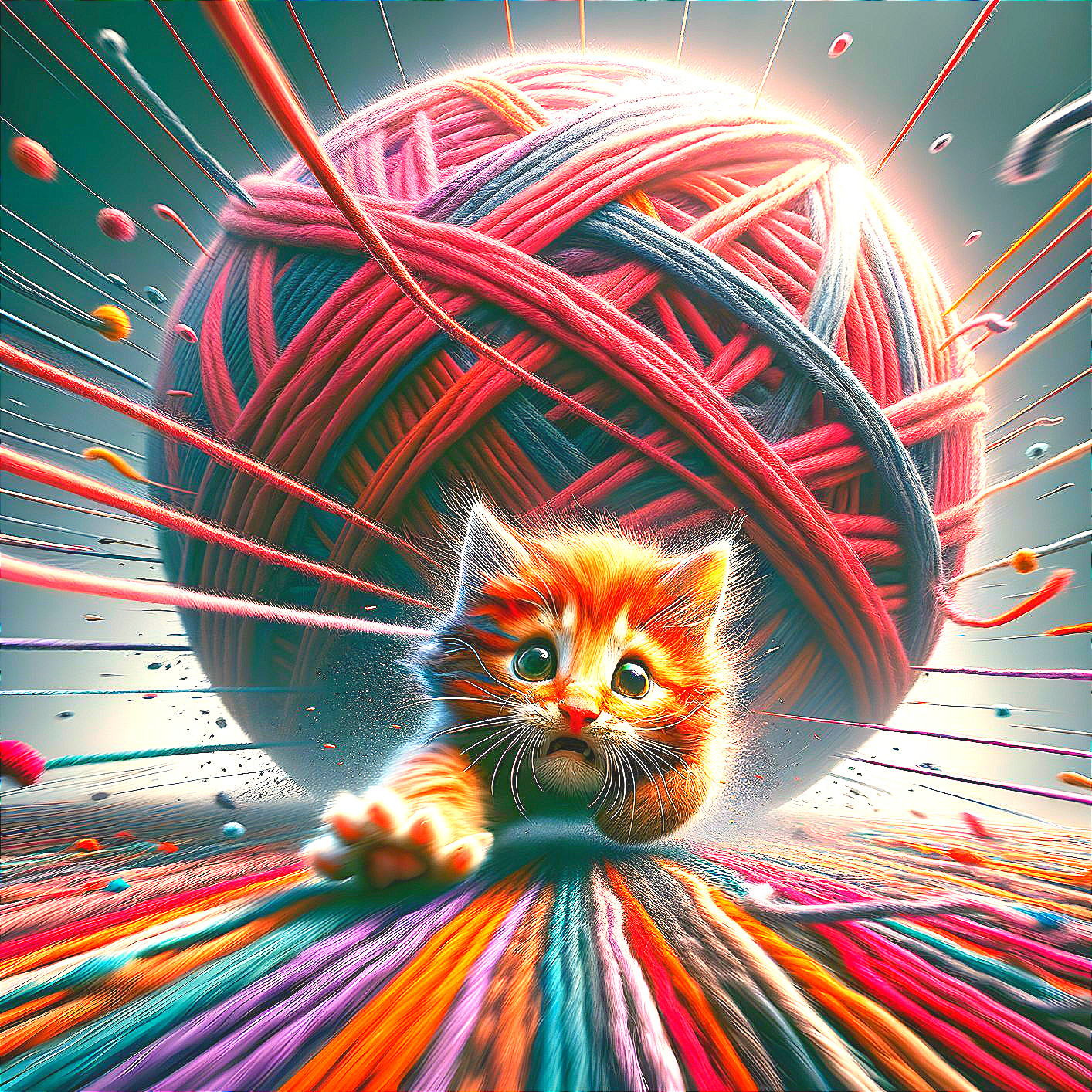 Playful Orange Kitten Surrounded by Colorful Yarn