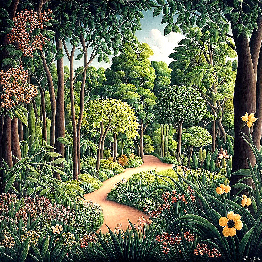 Vibrant Forest Scene with Winding Path and Foliage