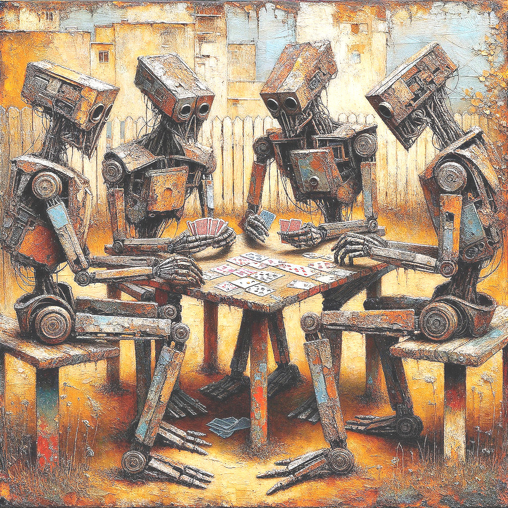 Rusty Humanoid Robots Playing Cards at a Table