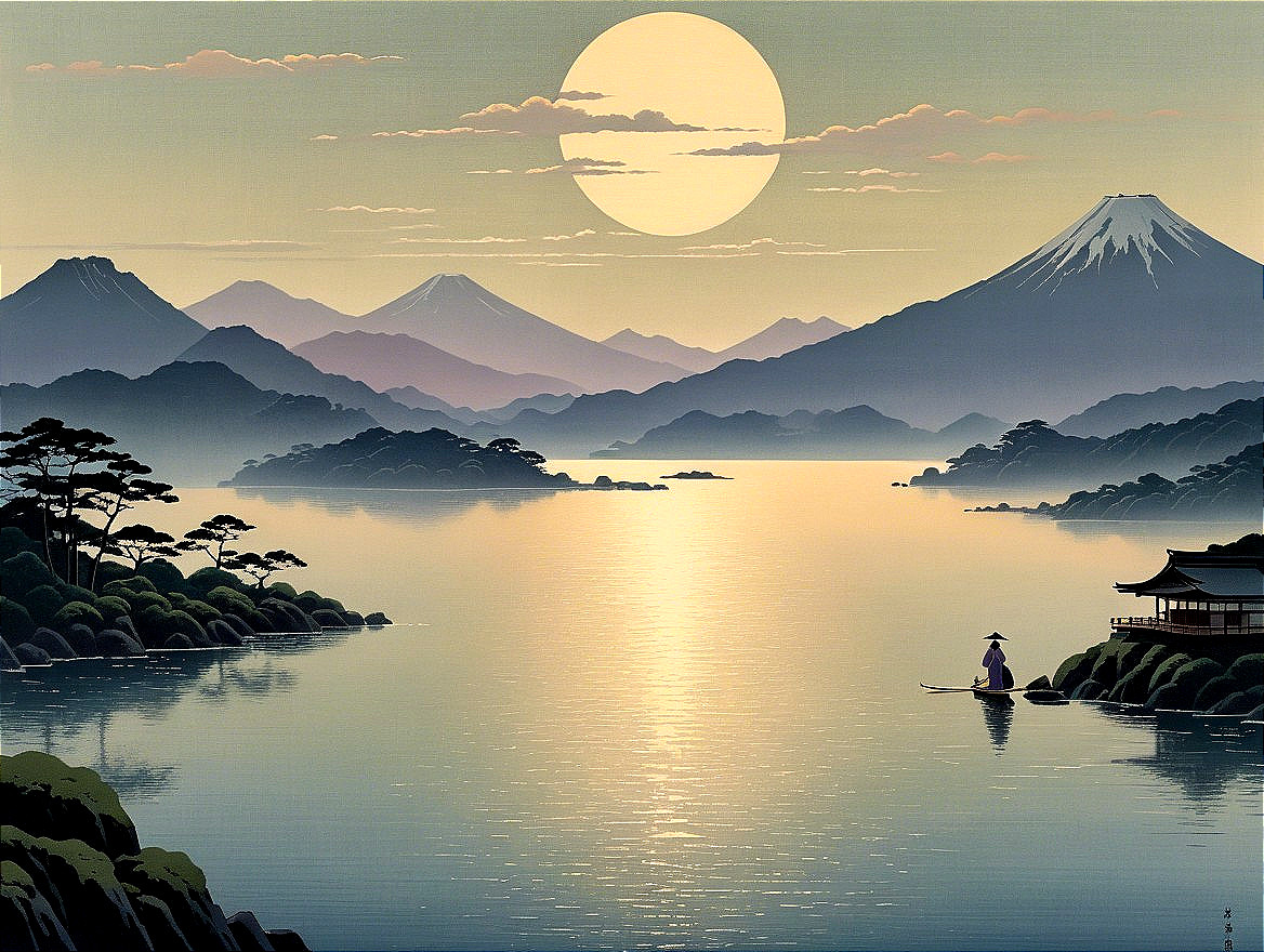Tranquil Lake Scene with Moonlit Mountains and Trees