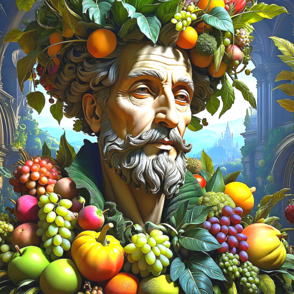 Classical statue of a man with fruit crown and foliage