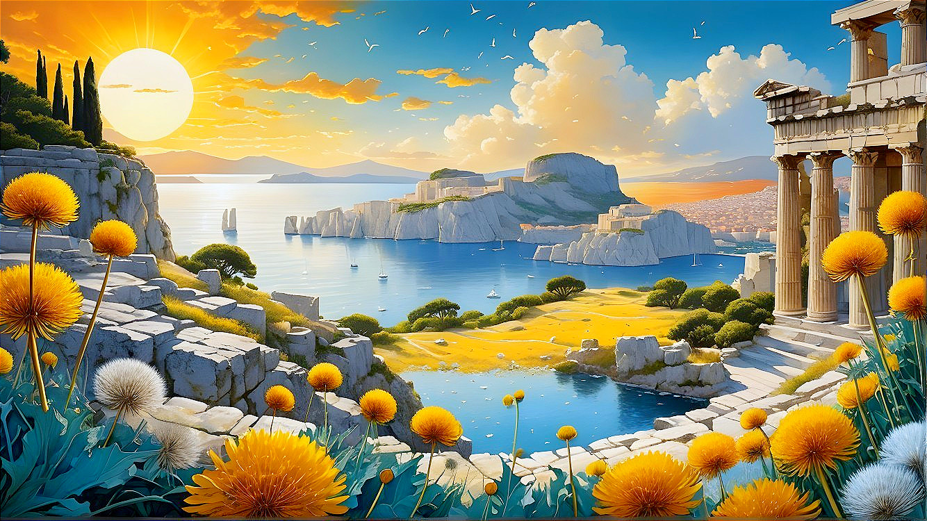 Vibrant Coastal Sunset with Ancient Ruins and Sailboats