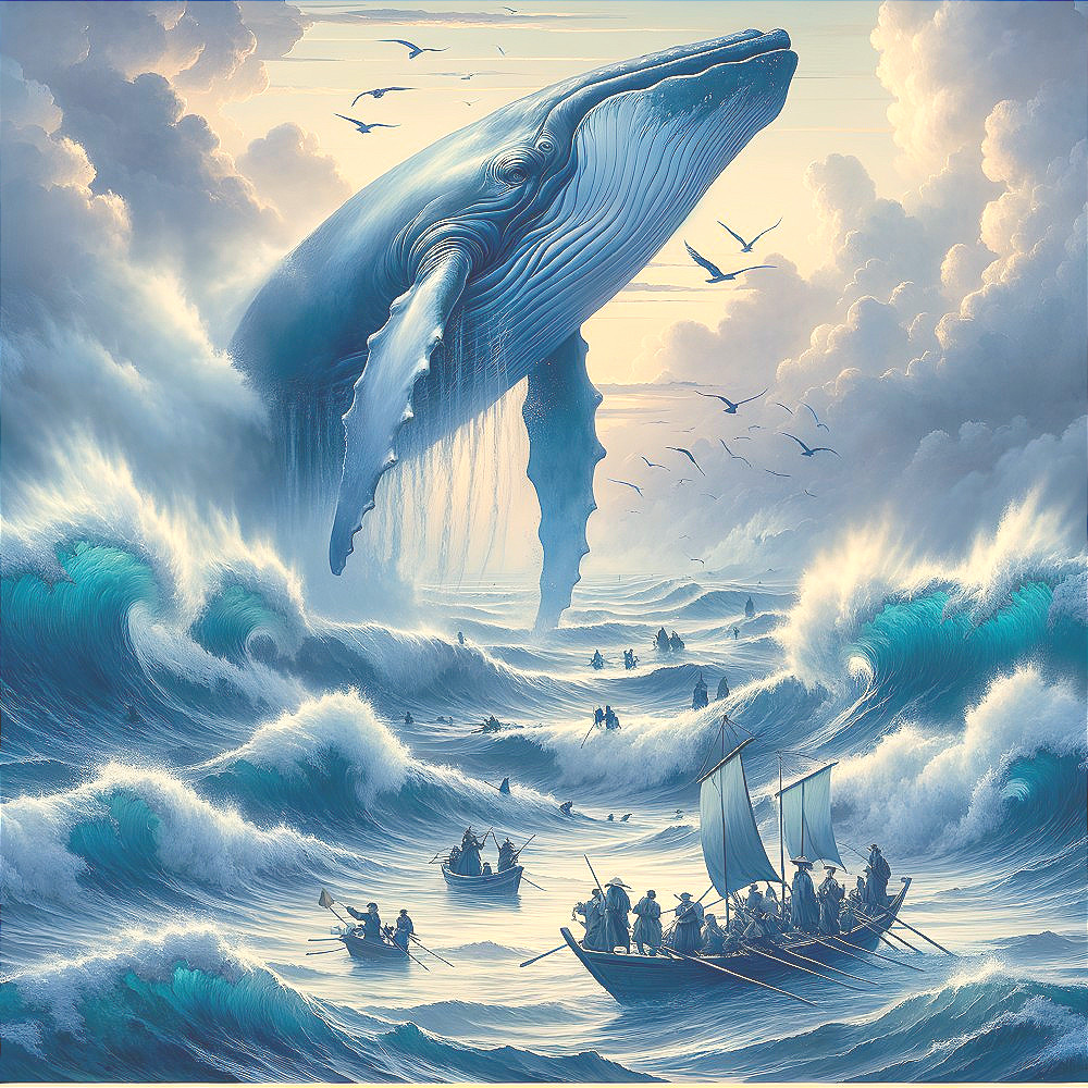 Majestic Blue Whale Above Ocean Waves and Boats