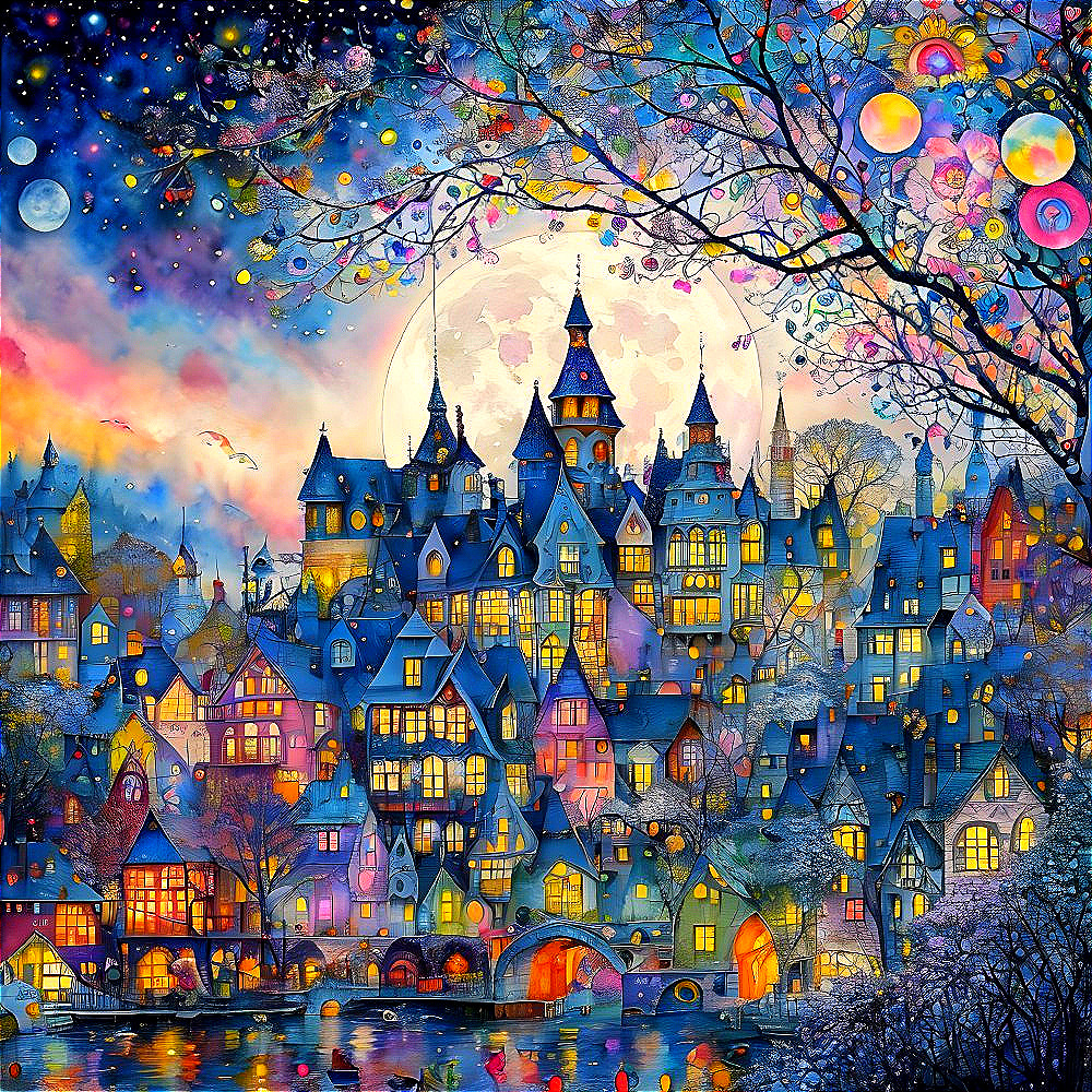 Whimsical Townscape with Colorful Buildings at Night