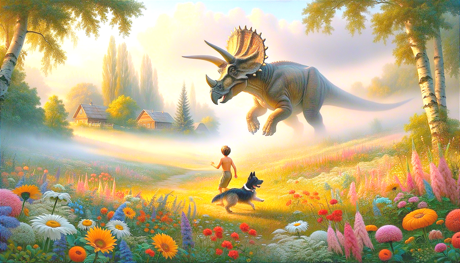 Dreamlike Countryside with Boy, Dog, and Triceratops