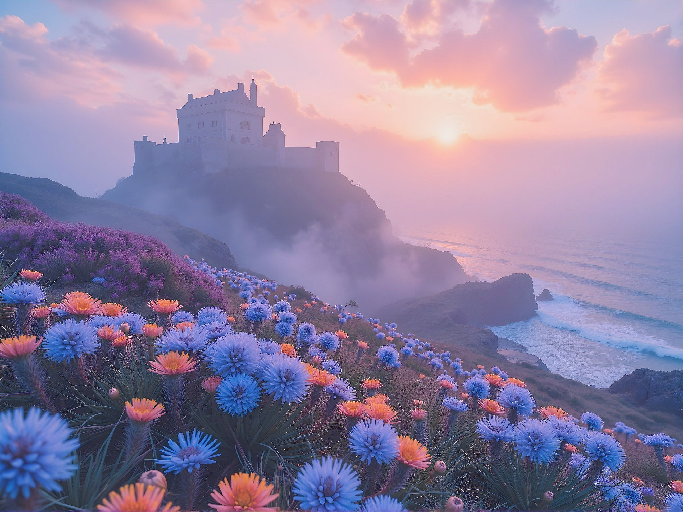 Castle on Cliffside Overlooking Serene Ocean Sunset