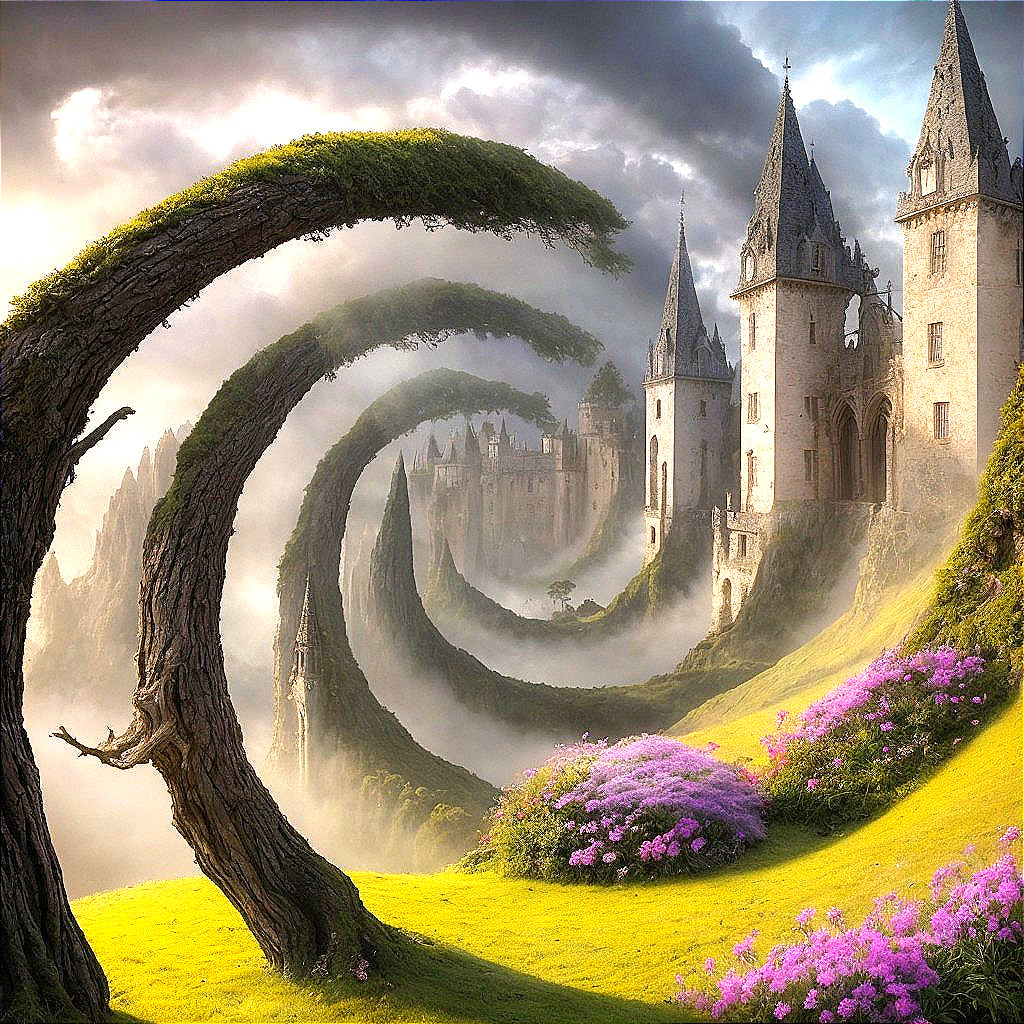 Whimsical Landscape with Fantastical Castle and Mist