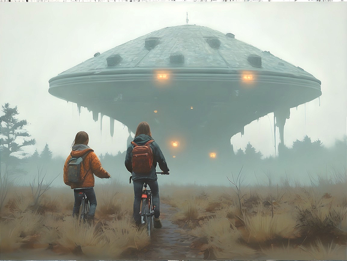 Children on Bicycles in a Misty Landscape with UFO