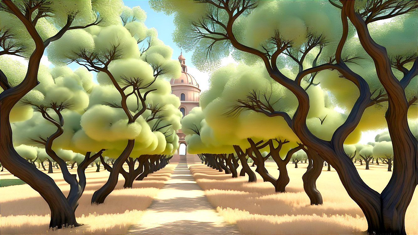 Serene Landscape with Pathway and Grand Dome