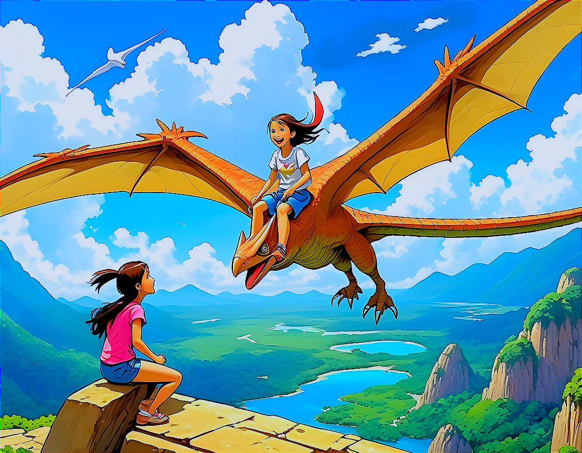 Young girl rides colorful dragon in vibrant landscape