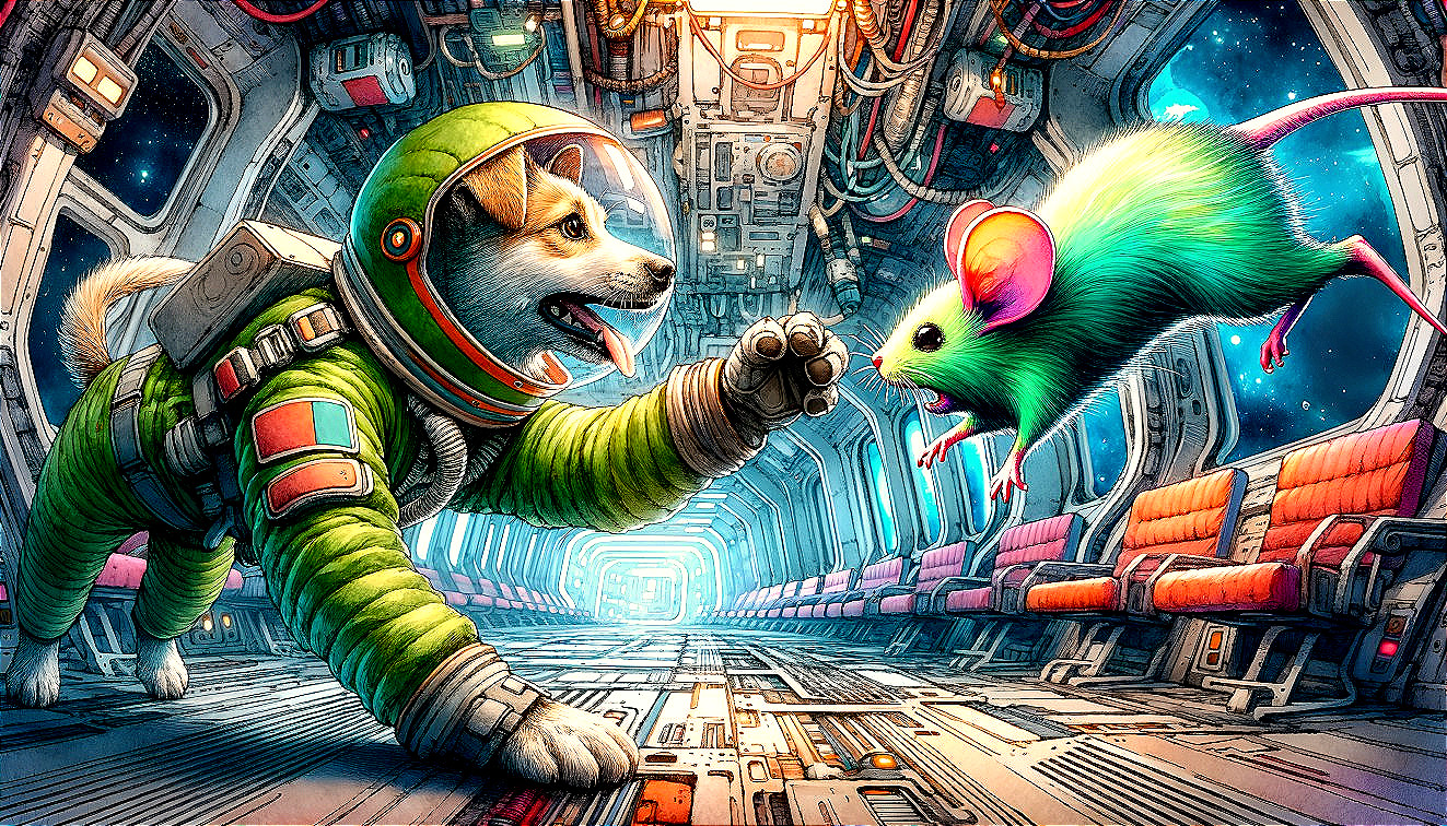 Futuristic Spaceship Corridor with Cheerful Dog and Mouse
