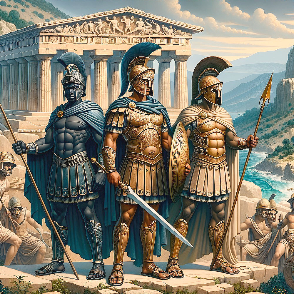 Armored Warriors with Ancient Greek Temple Background