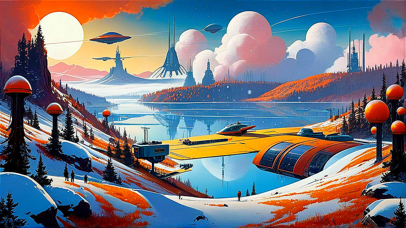 Futuristic Landscape with Lake and Colorful Mountains