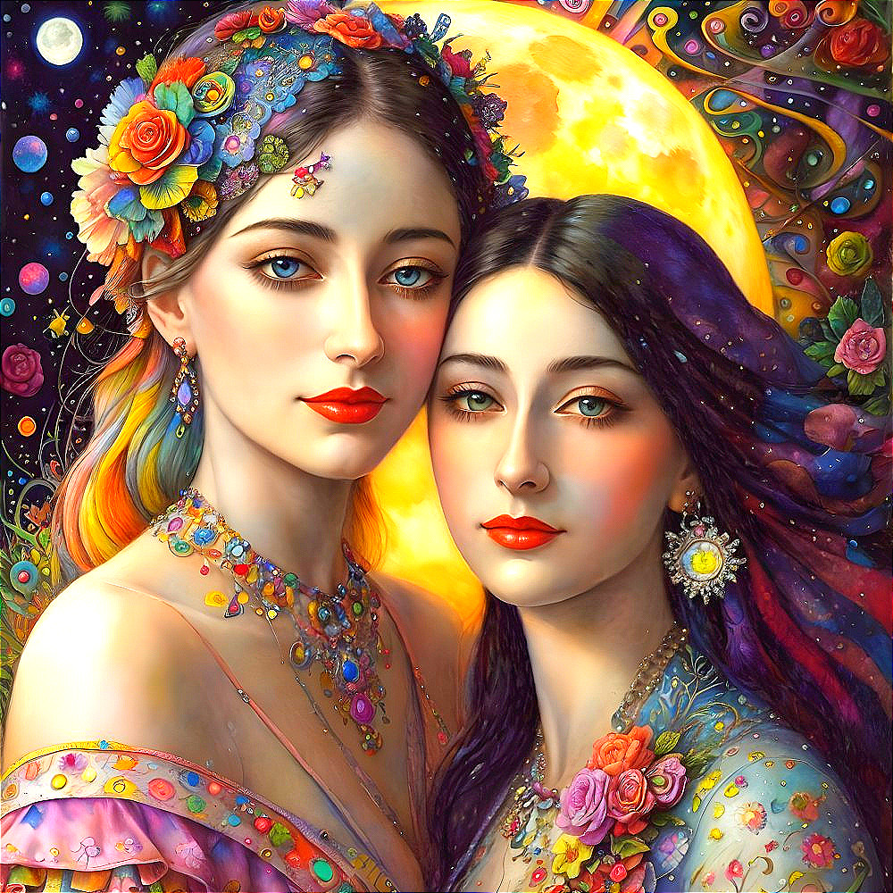 Two women with floral adornments in cosmic setting