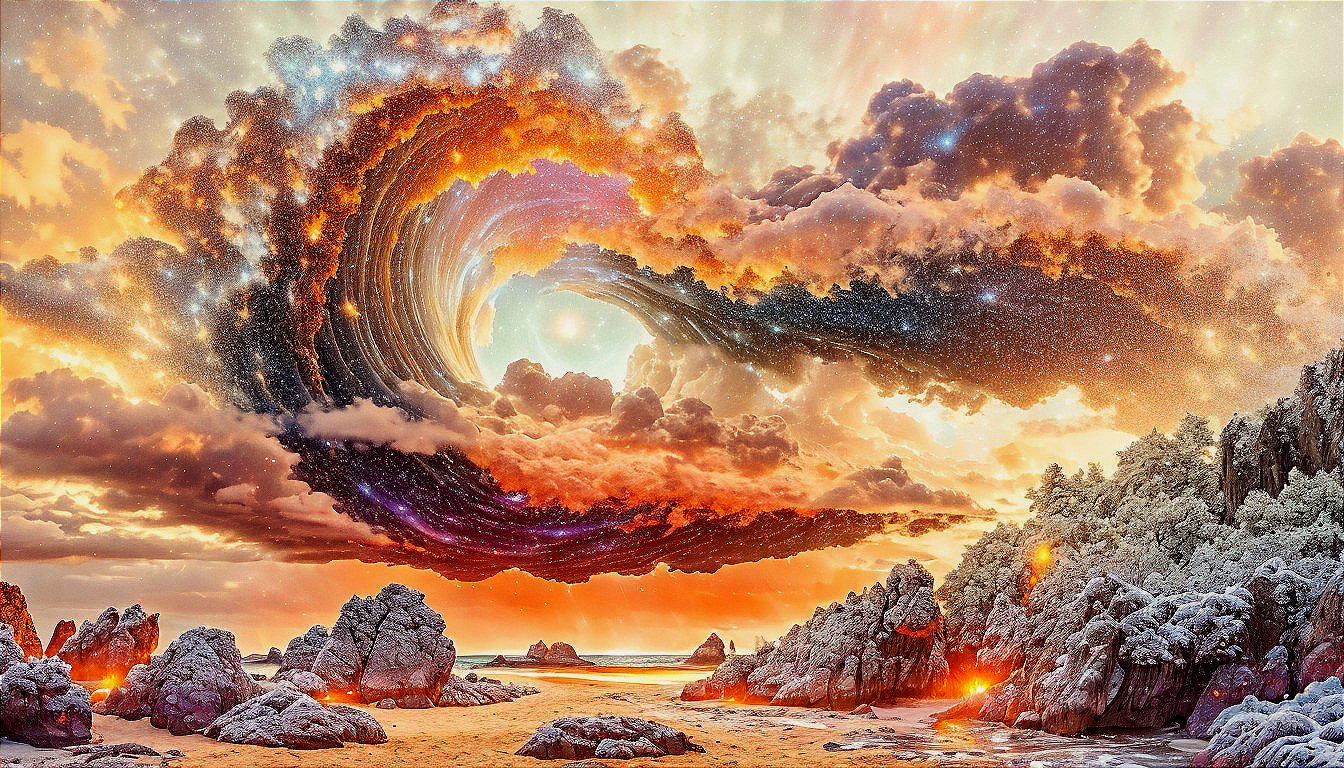 Surreal Beach Landscape with Dramatic Cosmic Sky