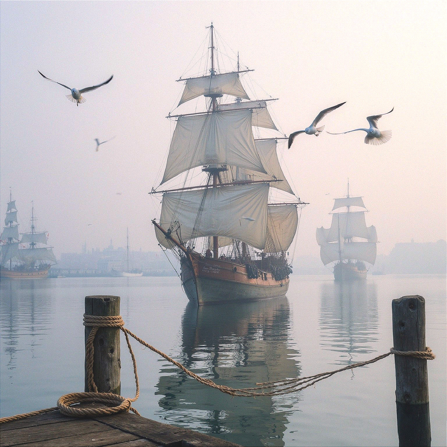 Tranquil Waterfront Scene with Tall Ships and Seagulls