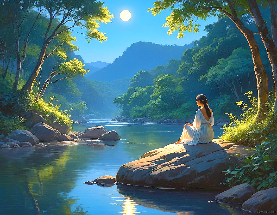 Moonlit Landscape with River and Woman in White Dress