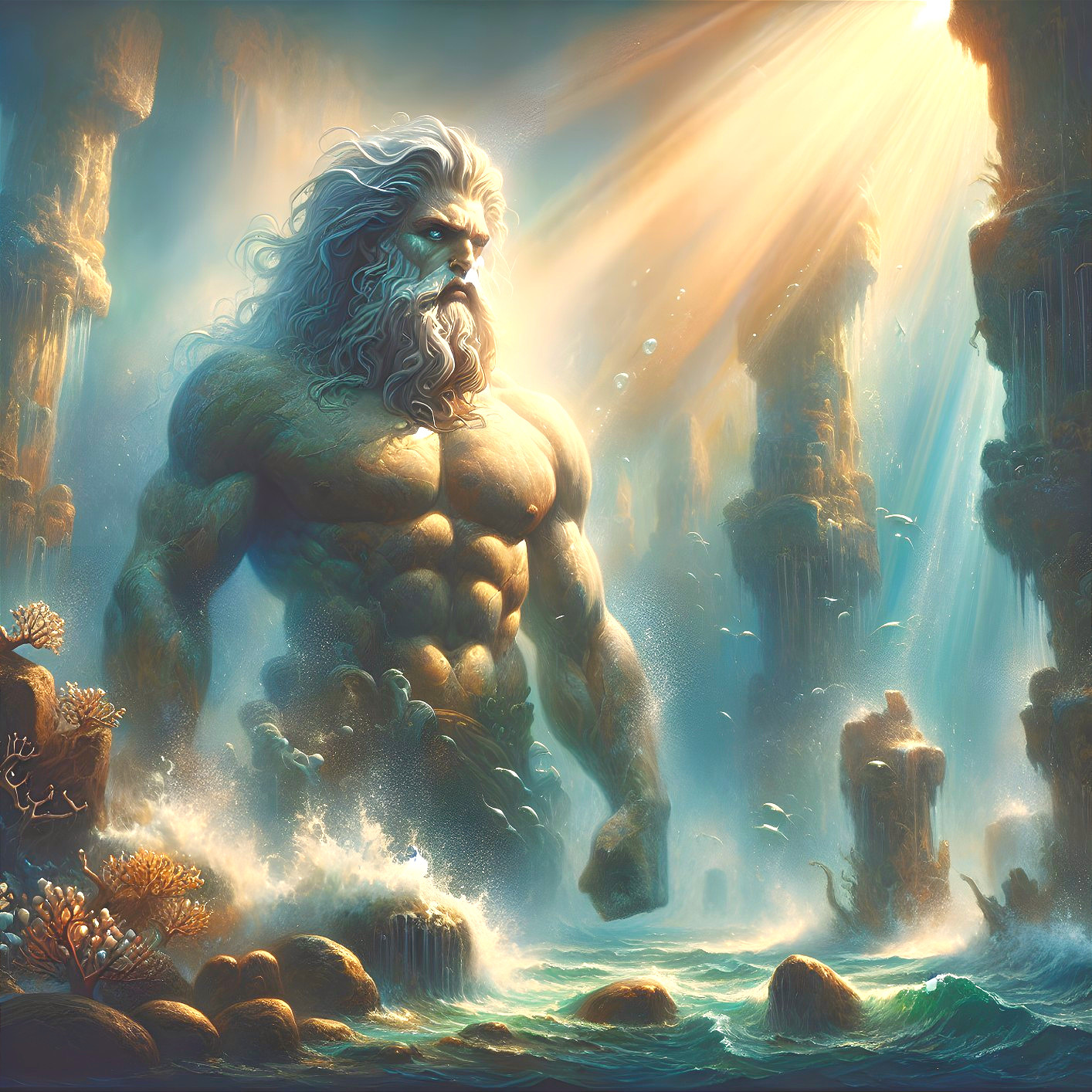 Colossal Sea God in Mystical Underwater Landscape