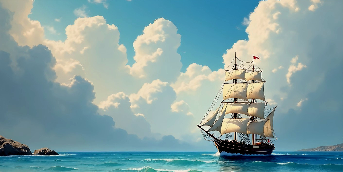 Tall Ship Sailing Through Tranquil Waters and Clouds