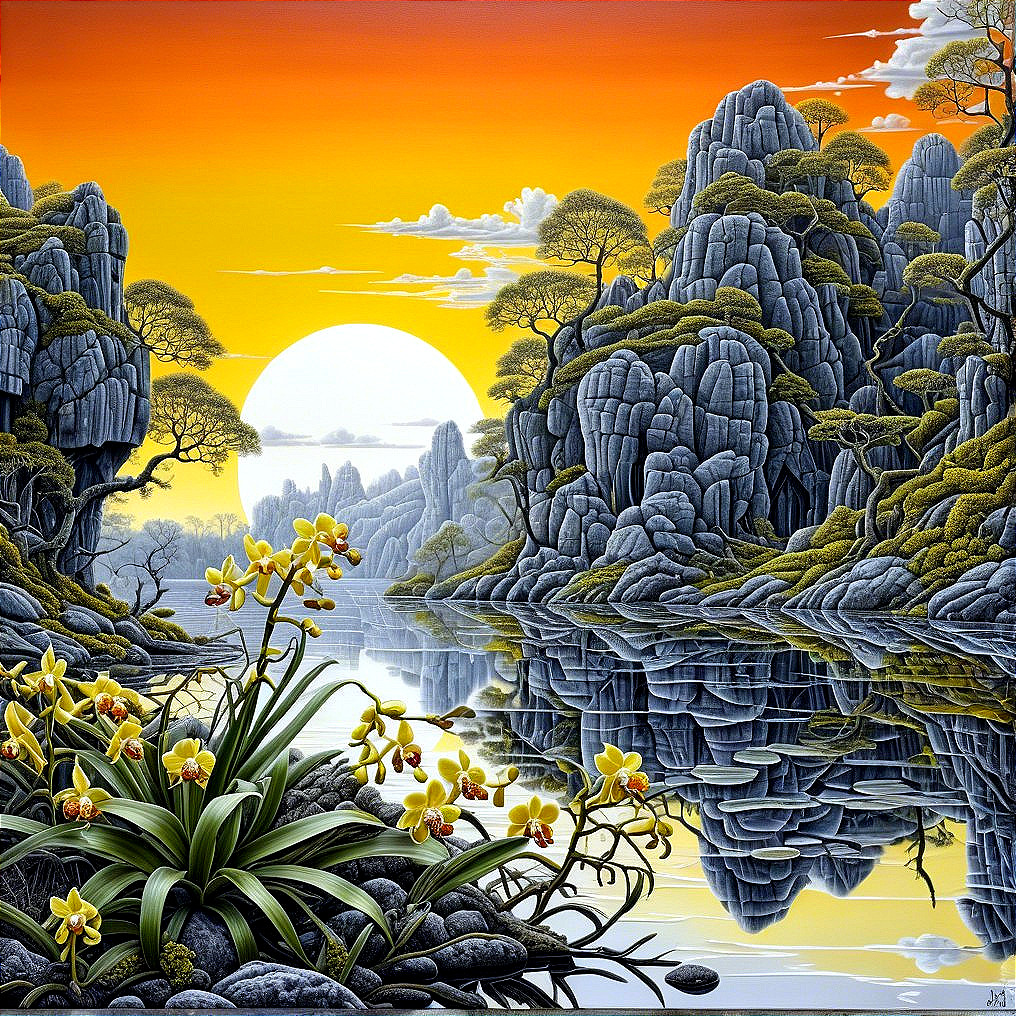 Serene Landscape with Mountains and Vibrant Sunset