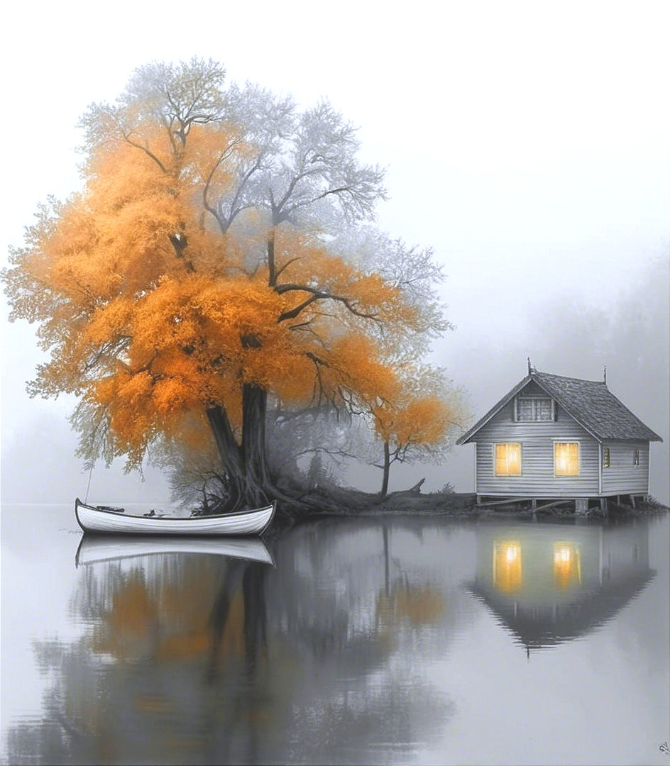 Serene Island Landscape with Quaint House and Trees