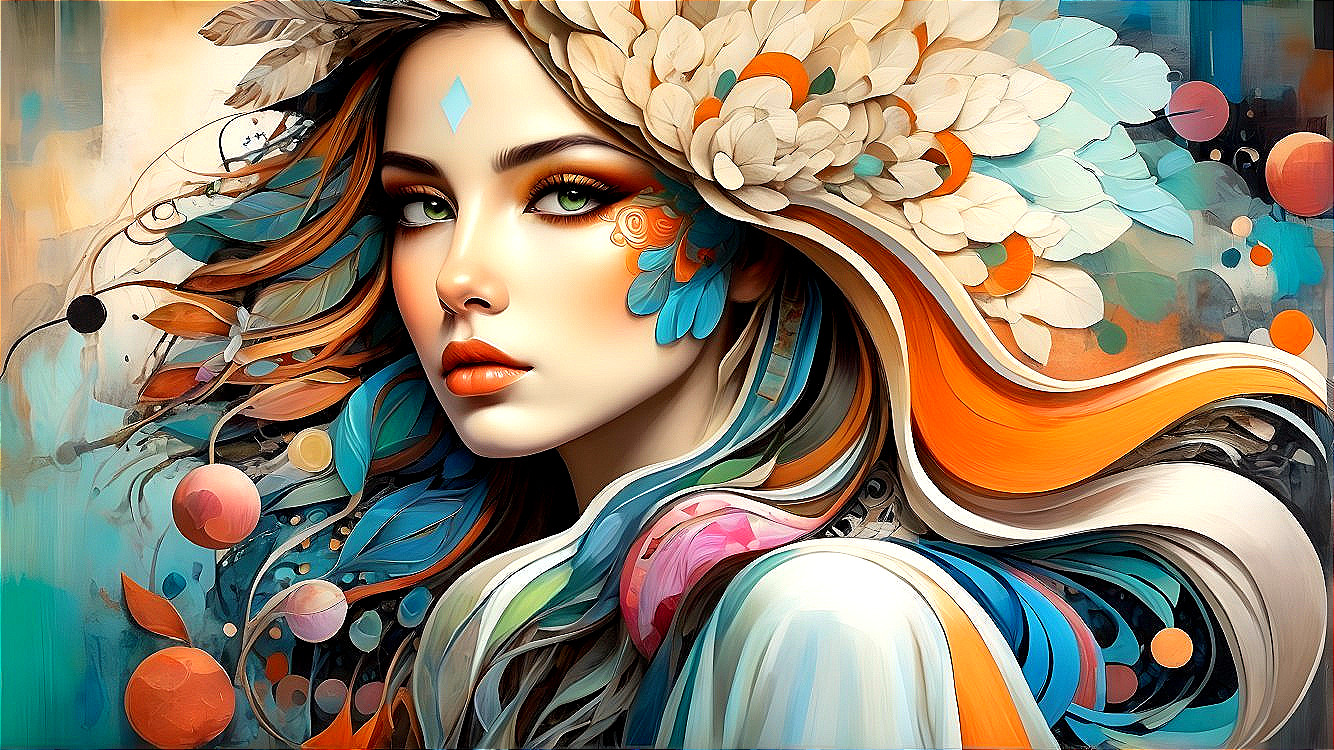 Woman with Colorful Hair and Nature Elements