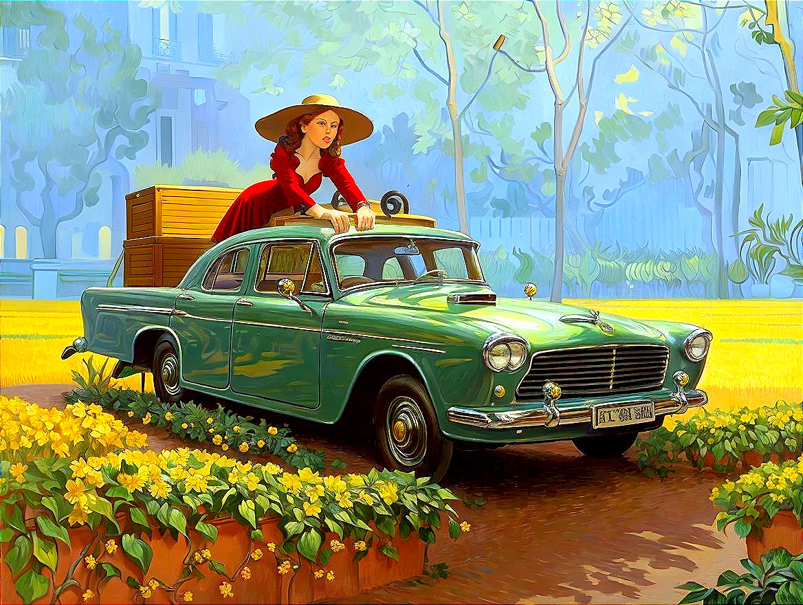 Vintage Green Car Surrounded by Yellow Flowers